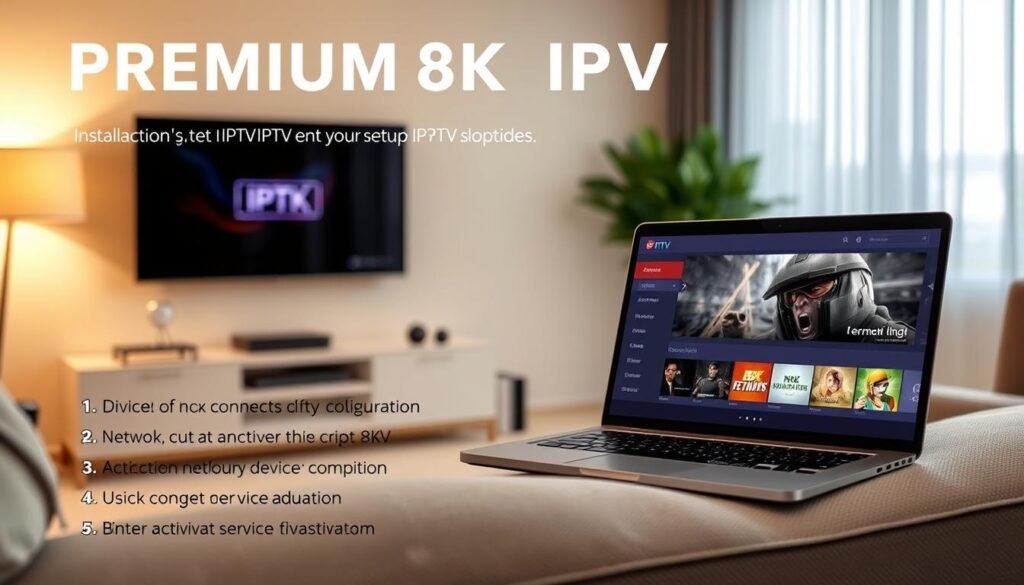 A sleek, modern IPTV installation guide showcasing the setup process for "PREMIUM 8K IPTV" services. Set in a cozy living room, the image depicts a laptop displaying the IPTV dashboard, with a smart TV in the background displaying crisp 8K content. Soft lighting illuminates the scene, creating a warm and inviting atmosphere. The guide features step-by-step instructions on device connection, network configuration, and service activation, all designed to simplify the setup process for Belgian IPTV subscribers.