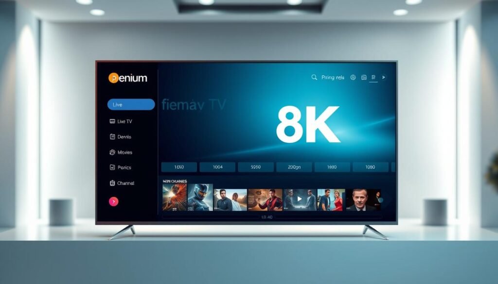 A sleek, modern IPTV portal design showcasing the "premium 8K IPTV" brand. The interface features a clean, minimalist layout with a large hero banner highlighting high-quality streaming content. The navigation menu is intuitive, with categories for live TV, on-demand movies, and premium channels. The portal has a sophisticated color palette of deep blues and greys, creating a premium, high-end aesthetic. Subtle lighting accentuates the various UI elements, while a depth of field effect draws the viewer's attention to the central content. The overall impression is of a robust, user-friendly IPTV platform that delivers an exceptional viewing experience.