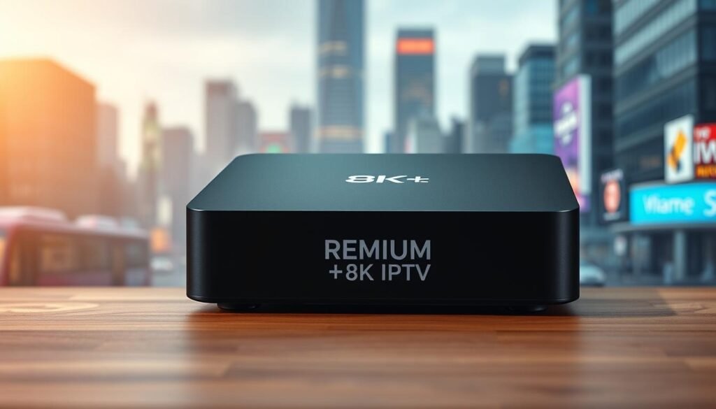 A sleek, modern android IPTV box sits prominently on a minimalist wooden table, showcasing its premium features. The device's smooth matte black exterior is highlighted by subtle chrome accents, creating a sophisticated, high-end aesthetic. Intricate circuit board details are visible through a transparent panel, conveying the box's powerful internal components. Soft, directional lighting from above casts dramatic shadows, emphasizing the angular design. In the background, a blurred cityscape of skyscrapers and neon signs suggests an urban, tech-savvy environment. The PREMIUM 8K IPTV logo is prominently displayed on the front of the device, signaling its cutting-edge capabilities.