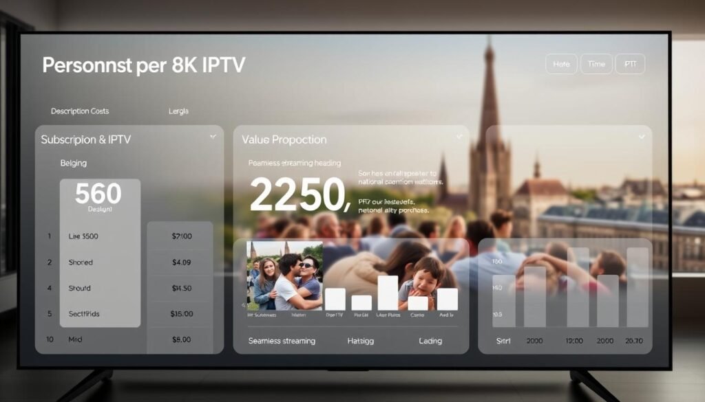 A sleek, modern dashboard display showcasing the subscription costs and value proposition of a premium 8K IPTV service in Belgium. The foreground features clean, minimalist infographics with clear pricing tiers, channel counts, and performance metrics. The middle ground has lifestyle imagery of families enjoying seamless streaming on various devices, conveying the user experience. The background is a soft, blurred cityscape of Brussels, hinting at the national context. The lighting is bright and even, with a professional, editorial tone. The overall mood is one of clarity, value, and sophistication.