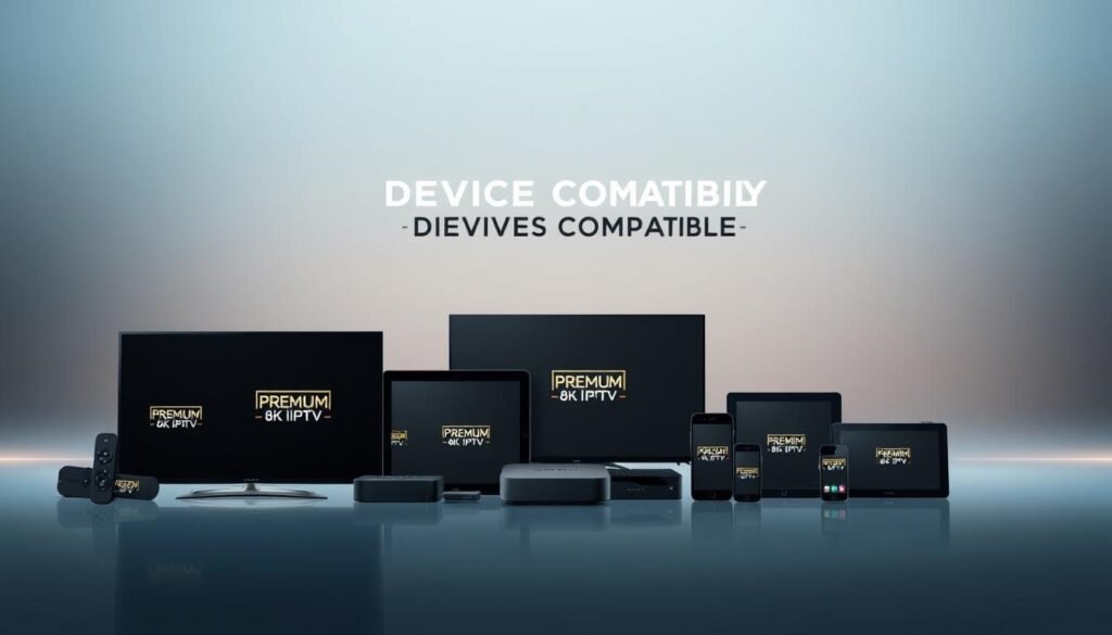 A sleek, modern device compatibility interface showcasing a range of compatible hardware for the PREMIUM 8K IPTV service. In the foreground, an array of devices including smart TVs, streaming boxes, tablets, and smartphones are arranged harmoniously, each displaying the PREMIUM 8K IPTV logo. The middle ground features a clean, minimalist design with geometric shapes and patterns, evoking a sense of technical sophistication. In the background, a subtle gradient of blues and grays creates a calming, futuristic atmosphere, highlighting the seamless multi-screen experience offered by the service. Crisp, high-resolution rendering with warm, balanced lighting and a shallow depth of field focus the viewer's attention on the central devices and branding.