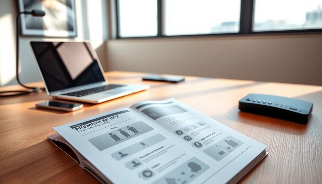 A sleek, modern home office setup with a laptop, smartphone, and remote control on a minimalist wooden desk. Warm, natural lighting from a large window illuminates the scene, casting soft shadows. In the foreground, a guide book titled "PREMIUM 8K IPTV Setup Guide" lies open, displaying step-by-step instructions. The background features a clean, uncluttered wall with a modern art print. The overall atmosphere is one of efficiency, simplicity, and technological sophistication.