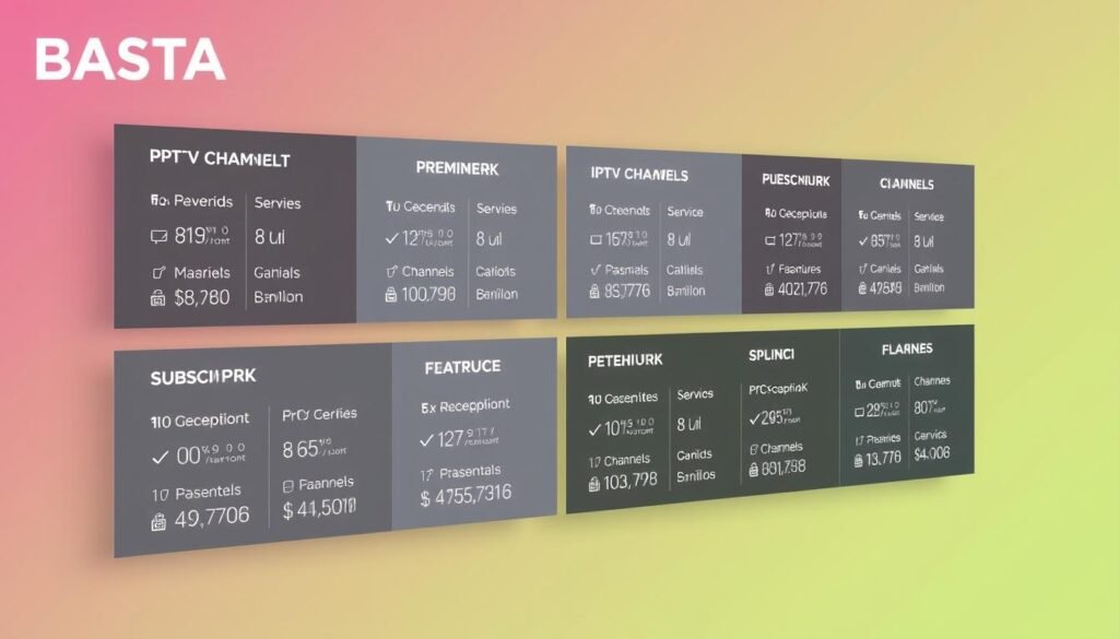 A sleek, modern interface showcasing the PREMIUM 8K IPTV packages from BASTA, the leading IPTV provider in Sweden. Elegant tiles display the various subscription tiers, each with a clear breakdown of channels, features, and pricing. The layout is clean and visually appealing, with a subtle gradient background that adds depth and sophistication. Crisp, high-resolution icons represent the key services, while a soft, muted color palette evokes a sense of premium quality. The overall composition is balanced and inviting, reflecting the reliable and user-friendly nature of the BASTA IPTV offering.