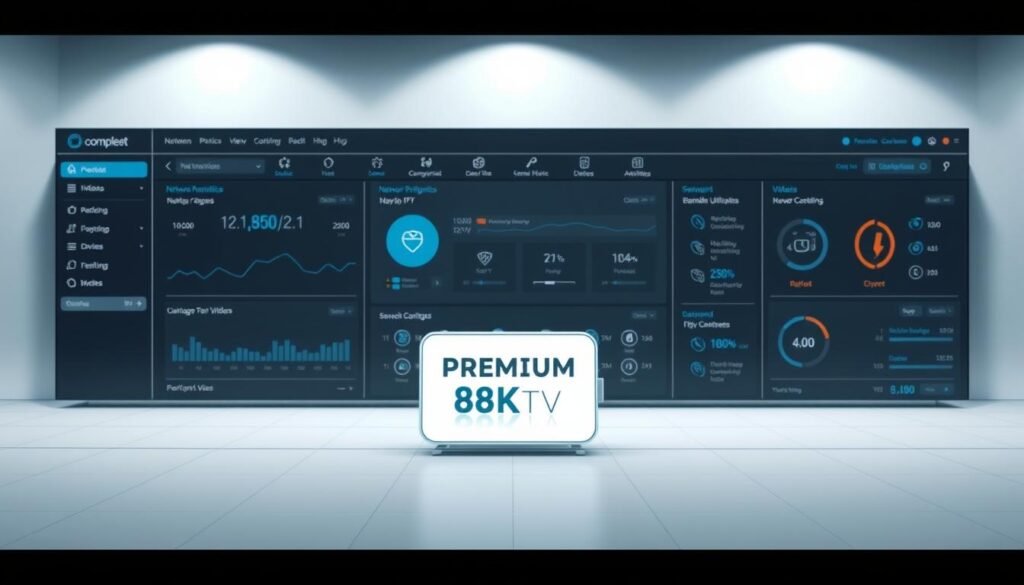 A sleek, modern network optimization interface with clean lines and a minimalist aesthetic. The display shows a comprehensive overview of network performance metrics, bandwidth utilization, and device connectivity. In the foreground, a PREMIUM 8K IPTV icon prominently displayed, indicating the system's high-quality video capabilities. The middle ground features various diagnostic tools and configuration settings, allowing for granular network control. The background has a subtle grid pattern, symbolizing the interconnected nature of the IPTV Compleet system. Soft, even lighting illuminates the scene, creating a professional, technical atmosphere. The overall impression is one of an advanced, streamlined network optimization solution tailored for the IPTV Compleet ecosystem.