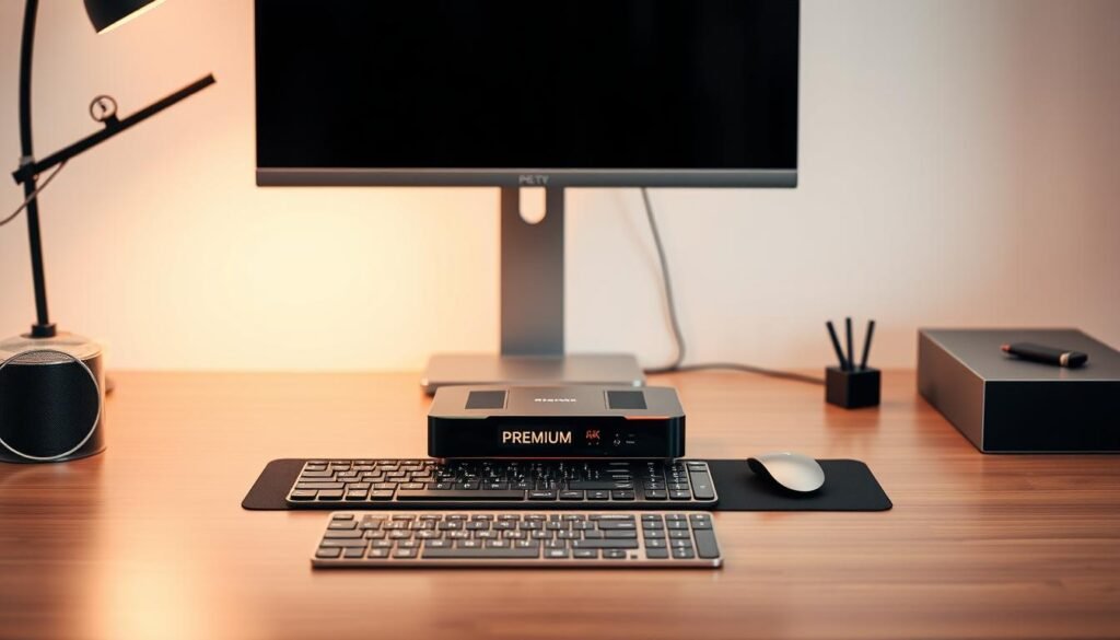 A sophisticated contemporary office desk setup, showcasing a sleek, minimalist design with a focus on the "PREMIUM 8K IPTV" product. The desk features a clean, uncluttered layout with a modern, high-end computer monitor and keyboard. Placed prominently on the desk is the "PREMIUM 8K IPTV" device, its premium branding and design elements highlighted against a muted, neutral color palette. Soft, indirect lighting creates a warm, inviting atmosphere, while the overall composition conveys a sense of professionalism and attention to detail, reflecting the essential purchasing criteria for this IPTV service.