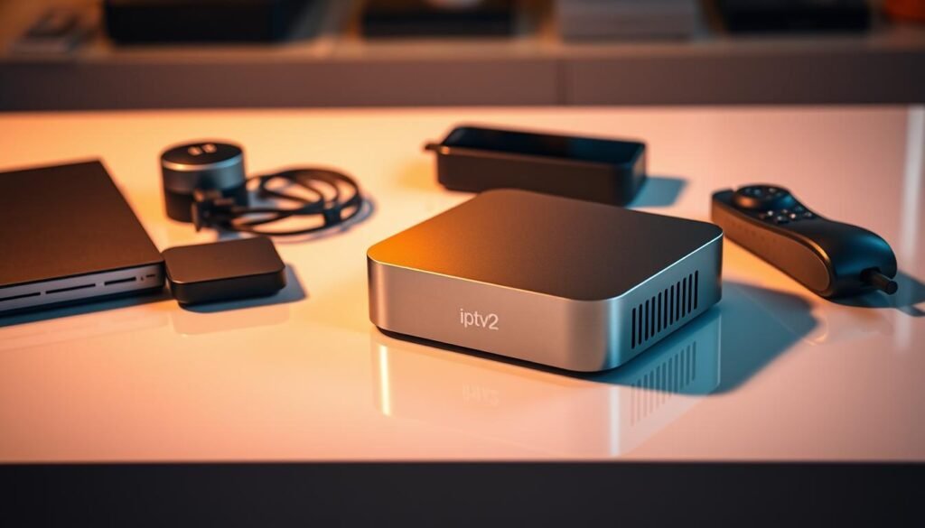 A sophisticated, high-quality PREMIUM 8K IPTV device, the "iptv pro2" lies on a sleek, modern table. Gleaming metallic housing reflects the warm, diffuse lighting illuminating the scene. The device's minimal, elegant design is accentuated by its compact, rectangular form and subtly curved edges. Arranged alongside it are various modern accessories, hinting at its advanced capabilities. The overall atmosphere evokes a sense of premium, cutting-edge technology tailored for discerning users seeking the ultimate IPTV experience.