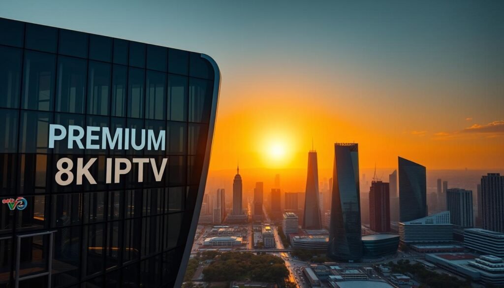 A striking glass-and-steel structure in the foreground, with sleek curves and a clean, minimalist aesthetic. The building's facade is adorned with the bold text "PREMIUM 8K IPTV", capturing the essence of Elon's cutting-edge IPTV service. In the middle ground, a lush urban landscape unfolds, with towering skyscrapers and bustling city streets. The background is illuminated by a warm, golden sunset, casting a soft, ambient glow over the entire scene. The lighting is dramatic, with sharp shadows and highlights that accentuate the architectural details. The overall mood is one of innovation, sophistication, and technological progress, reflecting the forward-thinking nature of Elon's IPTV offering.