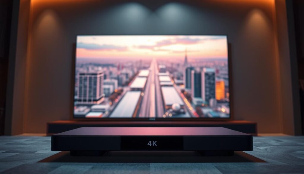 A stunning PREMIUM 8K IPTV display showcases ultra-high definition, vibrant colors, and deep contrast. A sleek, modern device sits prominently in the foreground, its minimalist design reflecting the future of home entertainment. In the middle ground, a seamless 4K video stream plays, enveloping the viewer in a captivating visual experience. The background features a softly blurred cityscape, hinting at the global connectivity and limitless content possibilities of this cutting-edge IPTV technology. Dramatic yet elegant lighting accentuates the device's premium aesthetics, creating an air of sophistication and innovation.