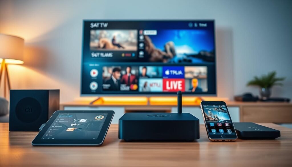 A stylish array of modern devices arranged harmoniously - a sleek smart TV, a state-of-the-art 8K PREMIUM IPTV box, a tablet, and a smartphone, all seamlessly connected in a contemporary living room setting. Warm lighting casts a cozy glow, highlighting the clean lines and premium finishes of the devices. The composition exudes a sense of effortless compatibility and integrated functionality, inviting the viewer to envision the ultimate streaming experience.