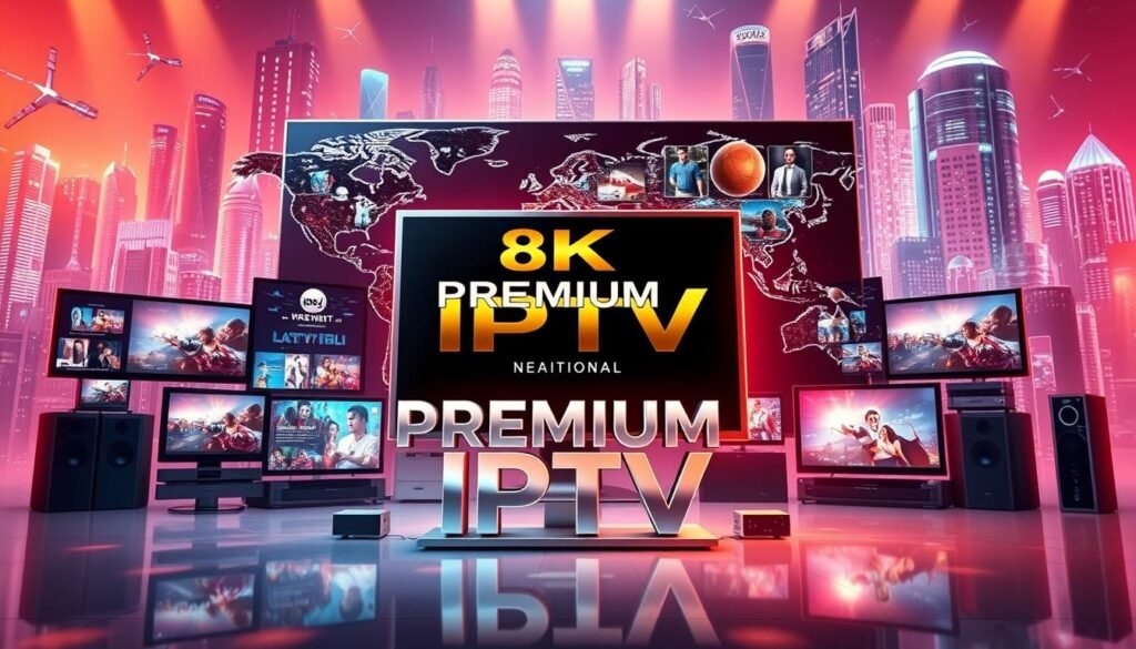 A vibrant and modern illustration of "International IPTV Services" showcasing a global network of streaming platforms. In the foreground, a sleek, metallic "PREMIUM 8K IPTV" logo stands as the centerpiece, surrounded by a dynamic array of digital devices and screens displaying various international content. The middle ground features a stylized world map, highlighting the widespread availability of these services. The background is filled with a futuristic cityscape, conveying the high-tech and interconnected nature of the IPTV landscape. The scene is bathed in a warm, cinematic lighting, creating a sense of sophistication and innovation. The overall composition should evoke a sense of excitement and the global reach of these cutting-edge IPTV services.