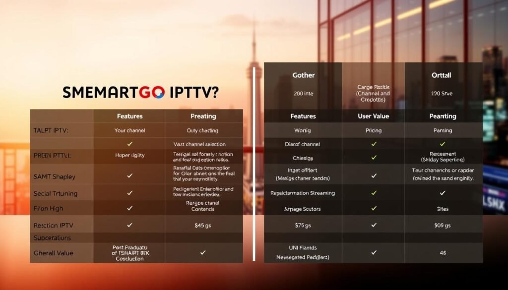 A visually striking comparison of SMARTGO IPTV and other popular IPTV providers, showcased in a sleek, modern layout. The foreground features the PREMIUM 8K IPTV logo prominently displayed, along with detailed side-by-side comparisons of key features, pricing, and overall value. The middle ground highlights the unique benefits of SMARTGO IPTV, such as its vast channel selection, reliable streaming, and user-friendly interface. The background depicts a vibrant cityscape, representing the diverse entertainment options available to SMARTGO IPTV subscribers. Warm lighting and a clean, minimalist design create an atmosphere of sophistication and technological advancement.