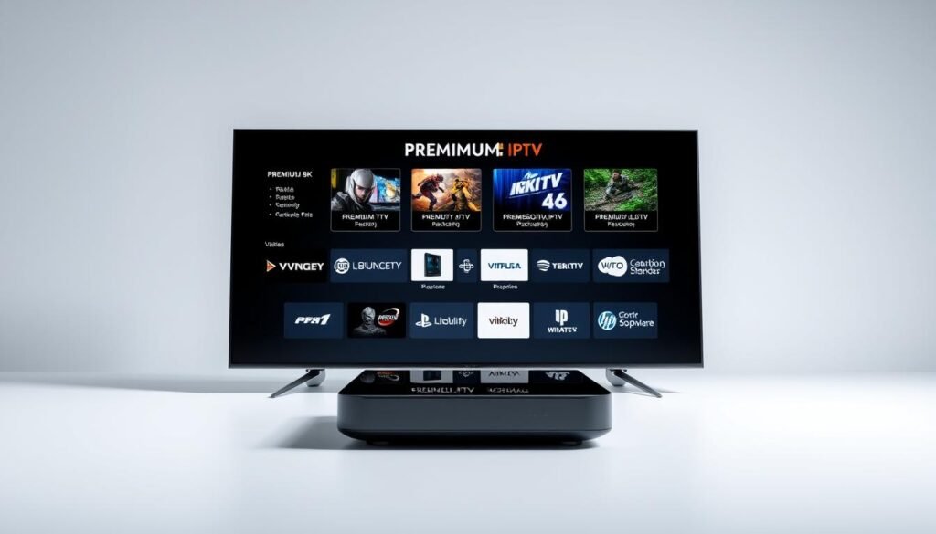 A well-lit and sharply focused comparison of PREMIUM 8K IPTV packages displayed on a sleek, modern device. The packages are arranged in a grid, each with its own distinct visual design, highlighting the unique features and offerings. The foreground showcases the device, angled slightly to reveal the intricate details of the screen and interfaces. The middle ground features the PREMIUM 8K IPTV package icons, meticulously crafted to convey the different tiers and services. The background is a minimalist, clean space, allowing the IPTV packages to take center stage. The overall mood is one of professionalism, sophistication, and technological advancement, reflecting the high-quality nature of the VIKING IPTV brand.