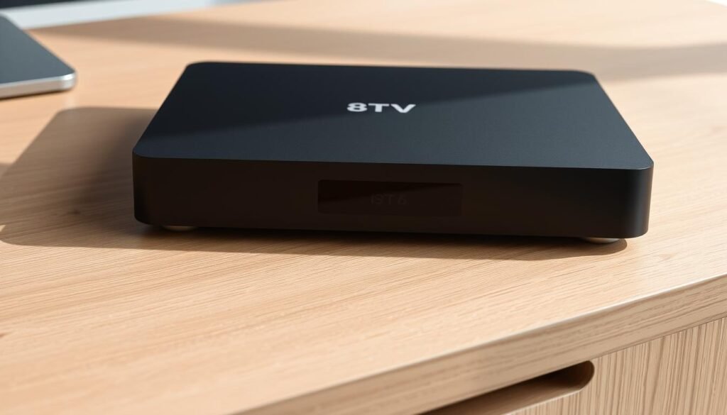 An elegant and sleek PREMIUM 8K IPTV box, resting on a modern, minimalist desk. The device features a matte black exterior with subtle silver accents, exuding a premium and sophisticated aesthetic. The box is situated atop a wooden surface, with a clean, uncluttered layout. Soft, directional lighting illuminates the scene, casting gentle shadows and highlights that accentuate the device's form and materials. The overall composition conveys a sense of simplicity, functionality, and high-end technology, perfectly complementing the "Setting Up Your 4K IPTV System: A Complete Guide" section of the article.