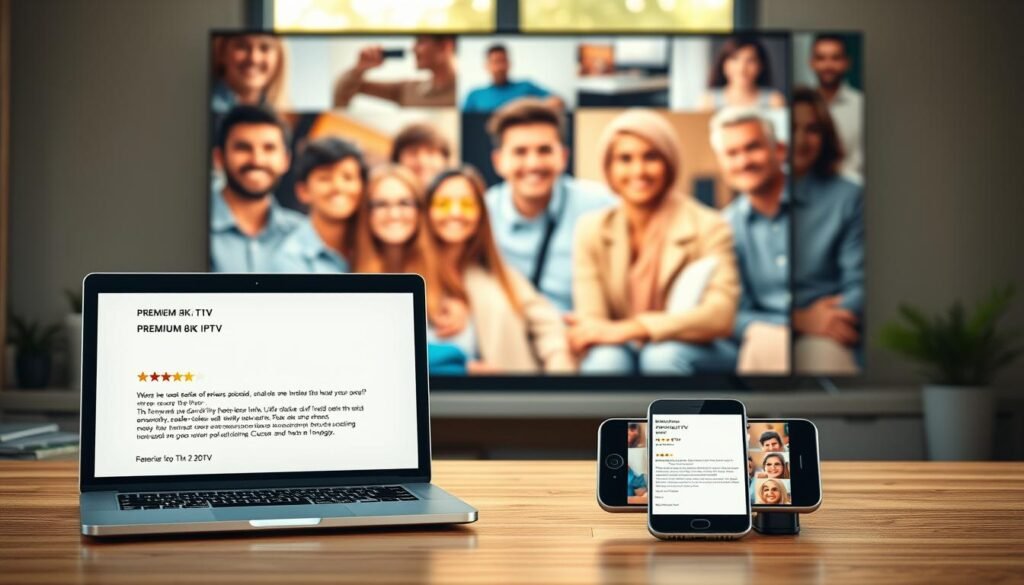 An office desk with a laptop, tablet, and smartphone displaying positive customer reviews for PREMIUM 8K IPTV. The reviews are shown on the screen with a clean, modern design. In the background, a collage of people from diverse backgrounds watching TV, smiling and engaged. Warm, natural lighting from a window casts a soft glow over the scene. The overall mood is one of satisfaction, trust, and a sense of community around the PREMIUM 8K IPTV service.