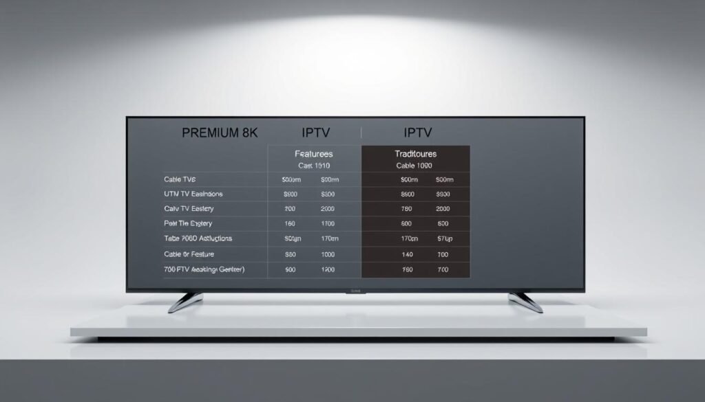 High-quality 3D visualization of a detailed cost comparison chart showing the differences in pricing and features between a PREMIUM 8K IPTV service and a traditional cable TV subscription. The chart is displayed on a sleek, modern table or desk with a minimalist, high-tech aesthetic. The background is a clean, neutral space with subtle lighting that highlights the clarity and precision of the visual information. The chart is presented in a clear, easy-to-understand format, allowing the viewer to quickly grasp the key differences between the two services. The overall mood is one of professionalism, authority, and technological sophistication.