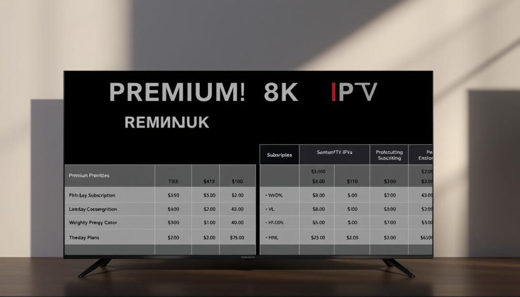High-quality, detailed comparison of premium IPTV service plans, featuring a clean, modern layout with a focus on pricing data. A sleek, minimalist design showcases the "PREMIUM 8K IPTV" brand prominently. The image is backlit with soft, directional lighting, casting long shadows that add depth and dimension. The foreground displays a side-by-side table of subscription tiers, plan details, and monthly costs in a clear, easy-to-read format. The background is a subtle, blurred gradient in muted, premium colors that complement the brand. The overall tone is professional, authoritative, and visually appealing, suitable for an article on premium IPTV services.