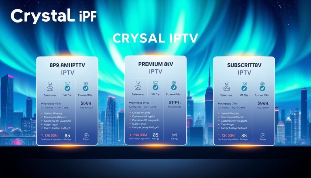 High-quality digital illustration of "Crystal IPTV Subscription Plans", showcasing a sleek and modern layout with a prominent "PREMIUM 8K IPTV" brand name. The foreground features three distinct IPTV subscription plan cards, each with detailed information about the plan's features, pricing, and benefits. The middle ground includes stylized icons and graphics that complement the plan details. The background depicts a vivid, futuristic cityscape with towering skyscrapers, neon lights, and a striking aurora borealis-like sky. The overall scene conveys a sense of technological sophistication, premium entertainment, and the expansive content available through the "Crystal IPTV" platform.