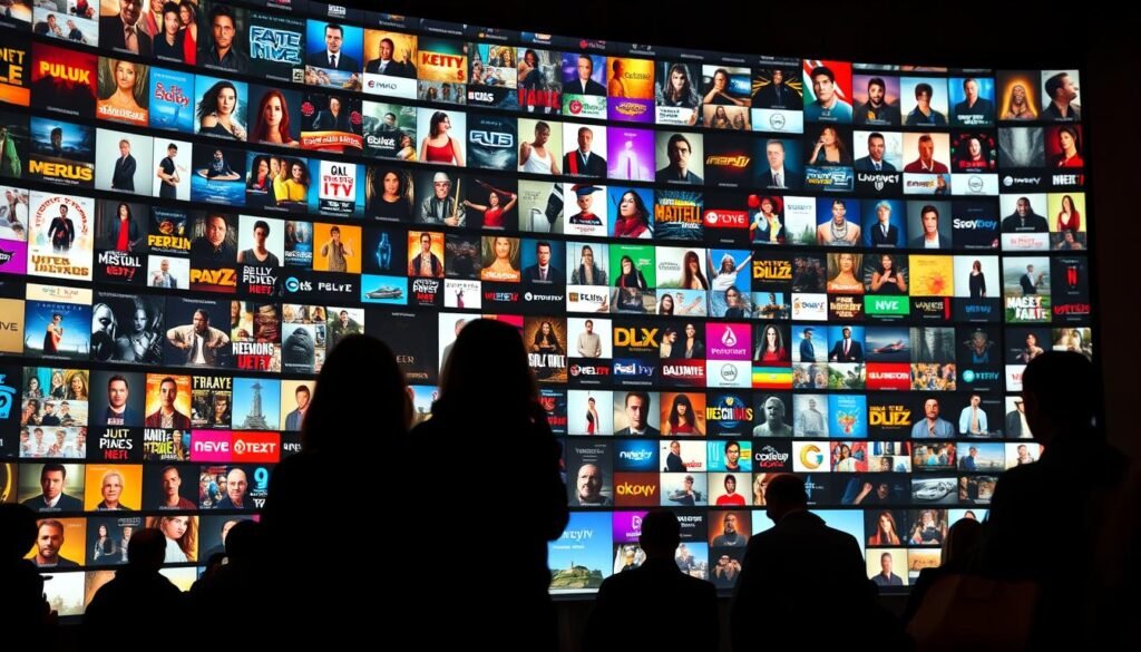 Omni IPTV totaal, a rich tapestry of diverse content, unfolds before the viewer. Elegant 8K Premium IPTV streams cascade across the screen, showcasing a vast array of movies, TV shows, live channels, and more. In the foreground, a vibrant array of genre icons dance across the display, hinting at the breadth of entertainment options. The middle ground features silhouettes of people engrossed in their preferred content, immersed in a world of boundless possibilities. The background subtly shifts, revealing a pulsing data visualization that symbolizes the sheer scale and variety of the IPTV totaal platform. Warm, inviting lighting and a sense of forward momentum create an atmosphere of exploration and discovery.