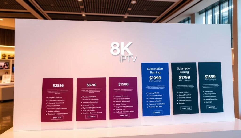 Prompt A sleek and modern 8K IPTV display, showcasing various subscription plan options in a clean and organized layout. The foreground features several plan cards with distinct pricing, channel counts, and feature highlights, presented against a minimalist white background. The middle ground features a subtle 8K IPTV logo, while the background subtly hints at the technology and entertainment value proposition with blurred imagery of high-definition streaming content and smart home integrations. Warm, professional lighting accentuates the clarity and sophistication of the offering, inviting the viewer to explore the compelling subscription plans.