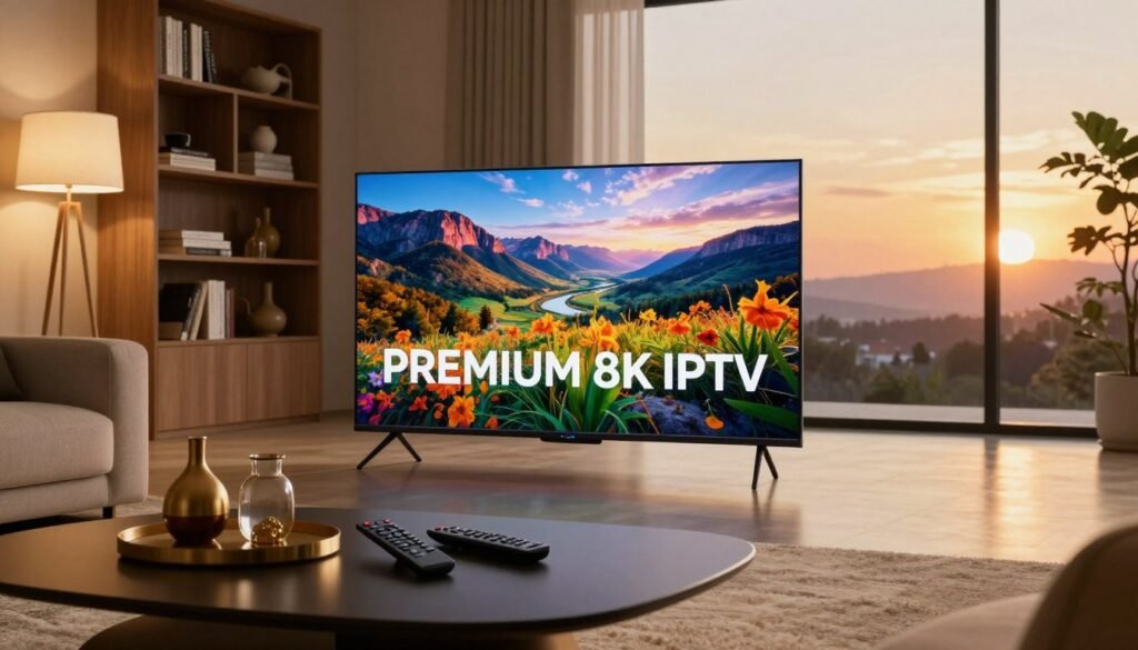 A sleek living room setting showcasing a cutting-edge television displaying vibrant, high-definition content labeled "PREMIUM 8K IPTV." In the foreground, a stylish coffee table with a modern remote control and a few elegantly designed decor items. The middle ground features the TV with a stunning 8K landscape image, vibrant colors, and incredible detail, capturing the viewer’s attention. Soft lighting emanates from strategically placed floor lamps, creating a warm and inviting atmosphere that enhances the viewing experience. In the background, a tasteful bookshelf filled with books and artifacts adds depth, while a large window reveals a sunset view, casting a golden hue over the scene. The lens should be slightly wide-angle to capture the entire setup, conveying a sense of immersion in premium entertainment.