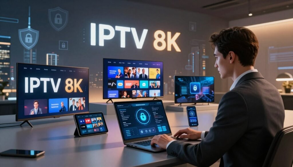 A sleek, modern digital environment showcasing "IPTV 8K" premium security features. In the foreground, a professional-looking individual in business attire is interacting with a high-tech security dashboard displaying encryption privacy modes and firewall indicators. The middle ground features various devices like smart TVs, tablets, and smartphones streaming 8K content, illuminated by soft, warm lighting to highlight the advanced technology. The background displays a futuristic city skyline with digital security imagery, such as shield icons and lock symbols, subtly integrated into the skyline. The atmosphere is one of sophistication and confidence, evoking a sense of safety and high-quality streaming. Use a cinematic angle for depth, with high contrast to emphasize the cutting-edge technology.